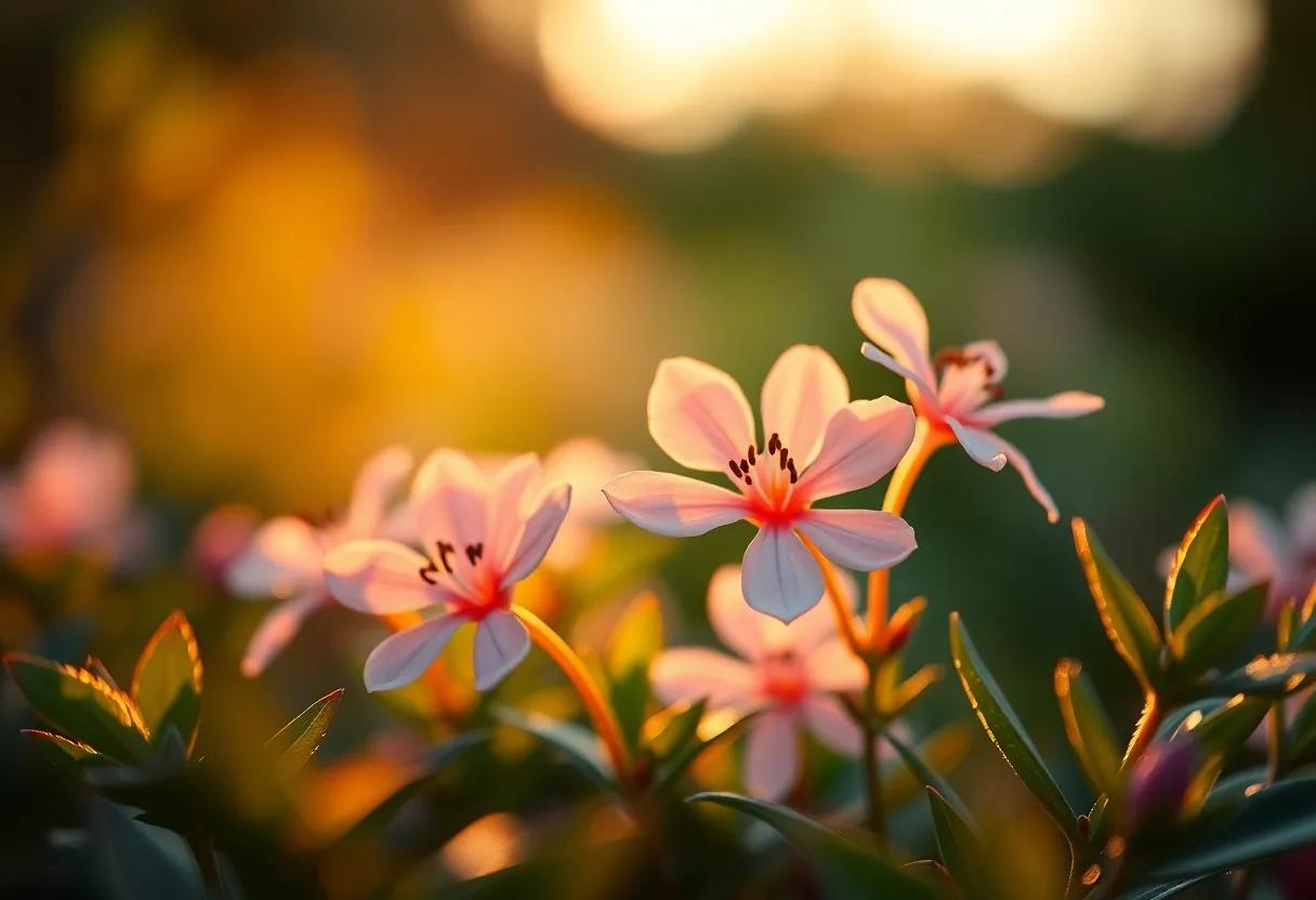 This stunning macro shot captures alien flowers beautifully lit by the warm glow of golden hour. The delicate blooms are sharply focused, showcasing their intricate petal textures and unique color transitions, while the soft background creates an ethereal atmosphere. Warm rim lights enhance the details, inviting viewers to admire the floral beauty within a lush alien garden. The composition frames the subject with surrounding foliage, adding depth to this enchanting scene.