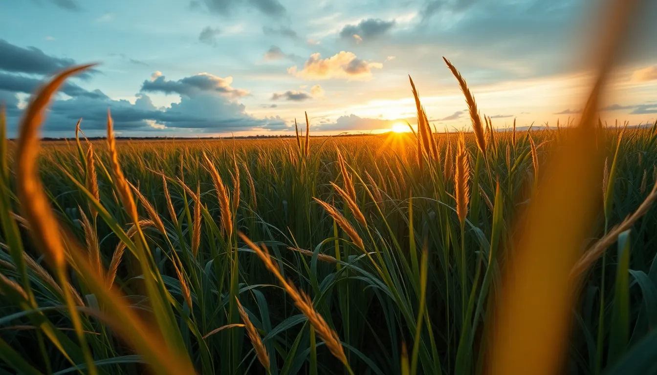 Witness the beauty of an alien meadow during sunset, where oversized, undulating grass dances in the warm golden hour light. This panoramic view, captured with a macro lens, showcases every detail from the foreground to the infinite horizon, creating a sense of depth and tranquility. The earthy greens and soft yellows of the grass contrast with the somber blue sky, enhanced by dynamic clouds overhead. This image invites serenity and exploration, perfect for nature enthusiasts and those who appreciate extraterrestrial beauty.