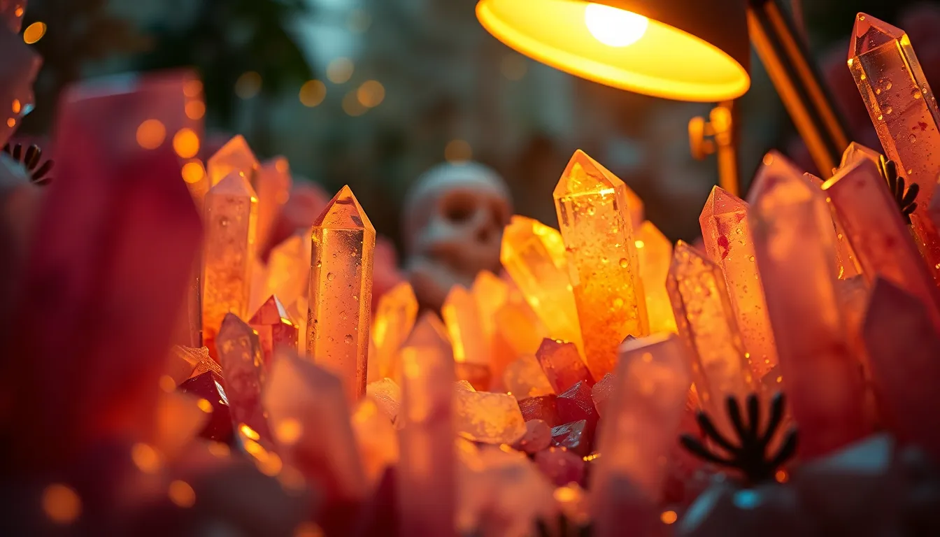 An alien garden adorned with crystalline structures glistens under warm light, showcasing nature's wonder. The intricate details of the crystals catch the light beautifully, creating a mesmerizing effect. This close-up shot captures the essence of this fantastical landscape, with soft bokeh blurring the surroundings, enhancing the ethereal beauty of the focal points.