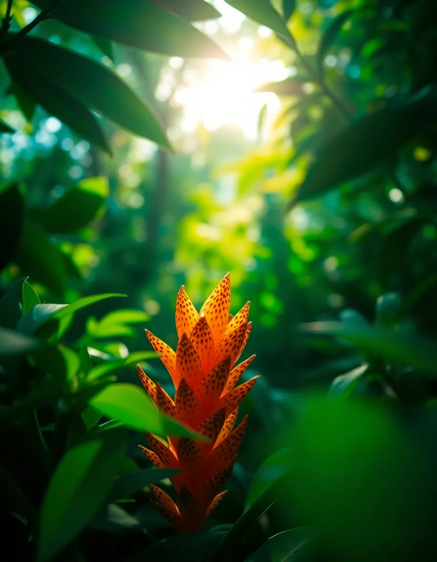This captivating image features an intricately patterned alien flower bathed in dappled sunlight. The shallow depth of field creates a dreamy background while bringing the flower into sharp focus. The cinematic teal and orange color grading adds an exotic feel, enhancing the vibrant hues of the petals. Foreground framing with dense foliage guides the viewer's eye to the flower, emphasizing its beauty and unique details in texture.