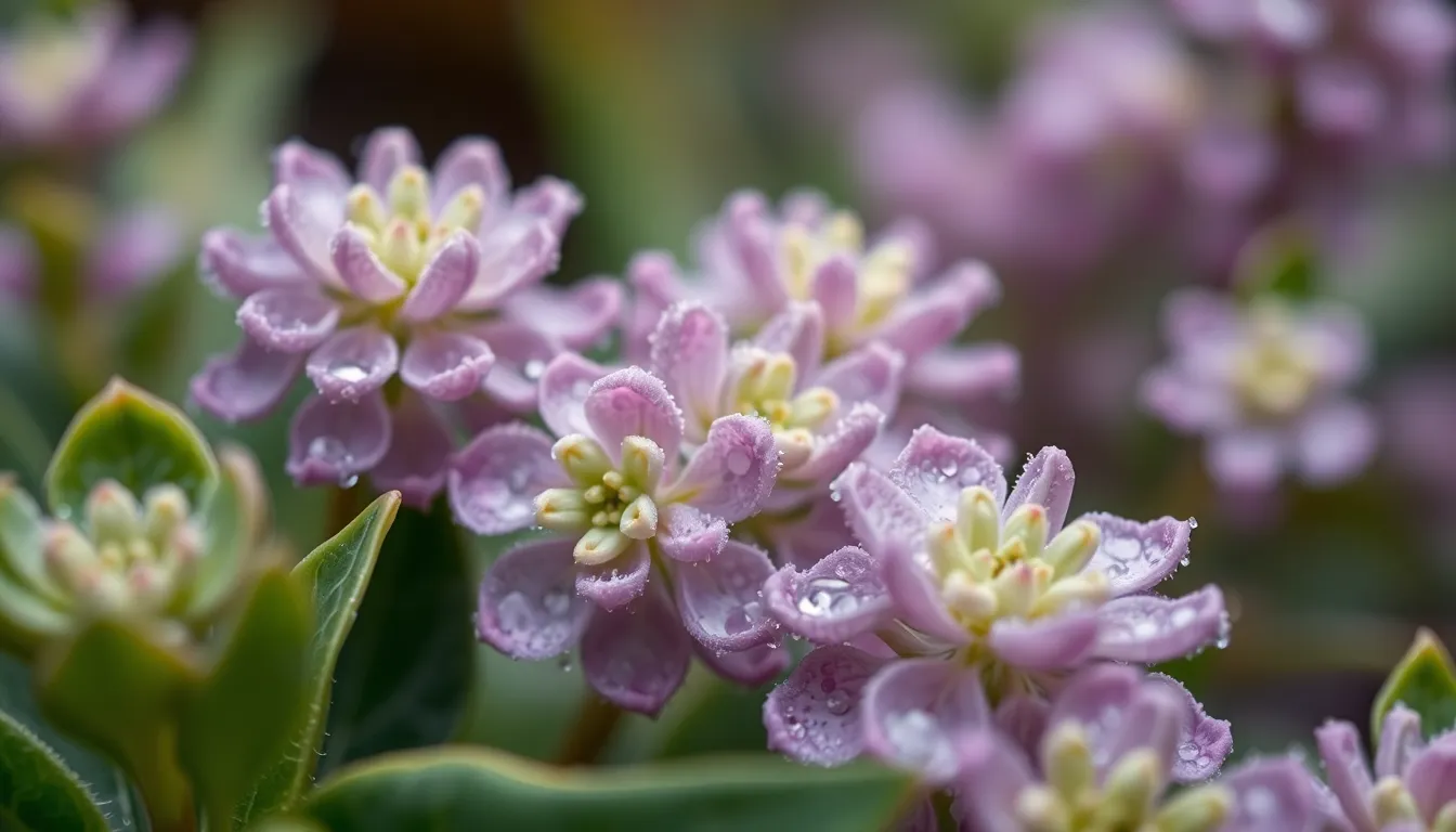 Explore the intricate beauty of alien flora in this close-up photograph, where soft overcast light reveals the delicate details of dew-covered petals. The deep greens and bright lilacs create a serene color palette that captivates viewers. Selective focus draws attention to the textures of the plants, while the blurred background enhances the painterly quality of the scene. Centered composition allows for an immersive appreciation of the exquisite details in this otherworldly setting.