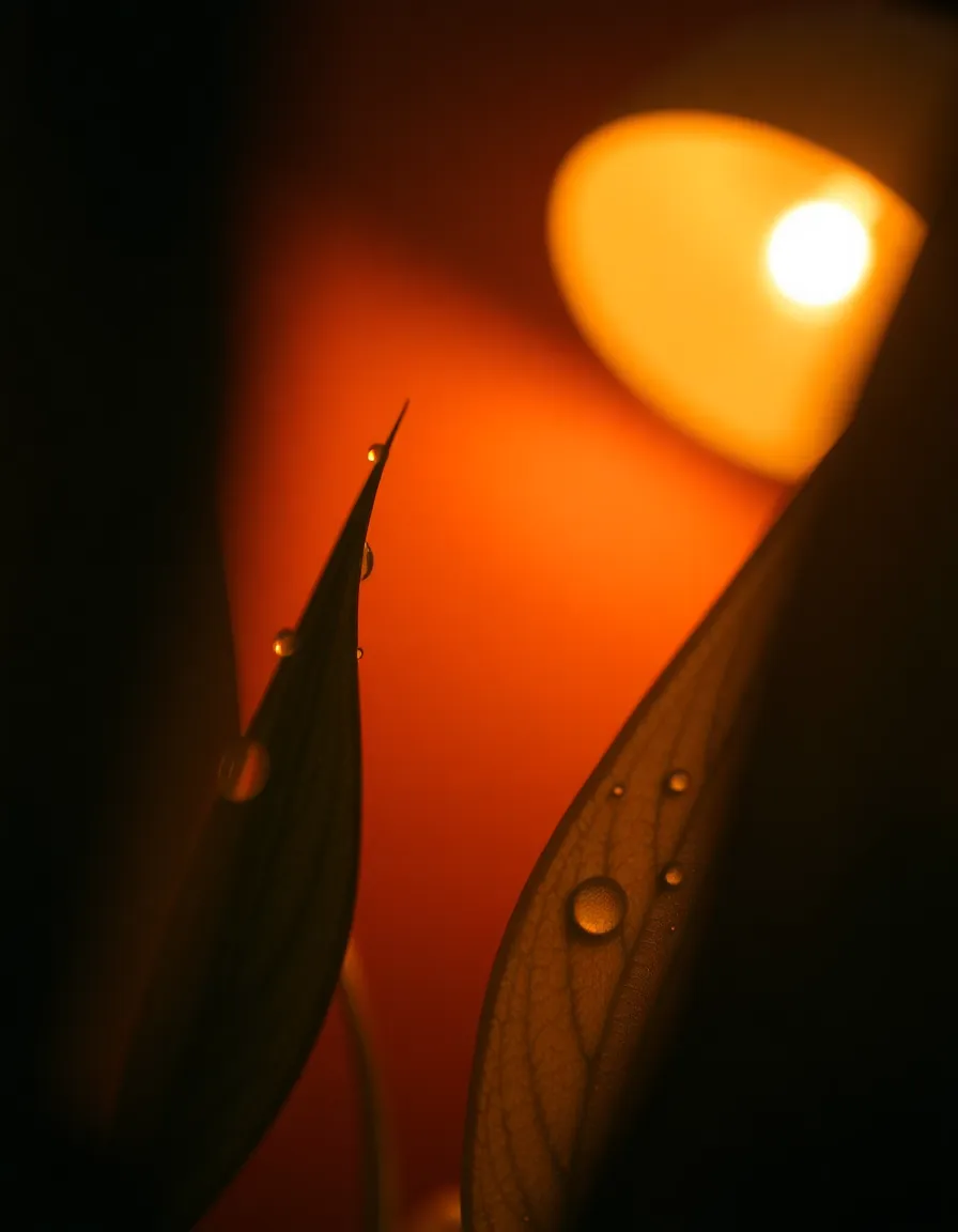 This macro shot captures the delicate details of translucent alien leaves adorned with glimmering dew drops. The warm tungsten light creates a soft, inviting pool of illumination, highlighting the intricate vein patterns of the leaves. With a shallow depth of field, the composition draws the viewer’s attention to the beautifully textured edges while blurring the background into a dreamy haze. The muted color palette enhances the serene mood of this alien garden scene.