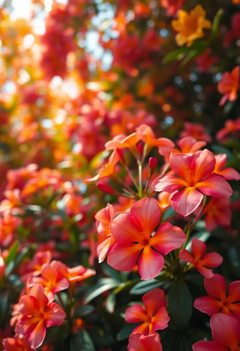 This macro shot captures a stunning display of colorful alien blossoms thriving under a dense foliage canopy. The vibrant pink, orange, and yellow petals shine against the lush background, illuminated by soft daylight filtering through the leaves. A shallow depth of field brings focus to the intricate details of the blossoms, creating an intimate view of this extraterrestrial garden. Ideal for showcasing floral beauty in imaginative settings.