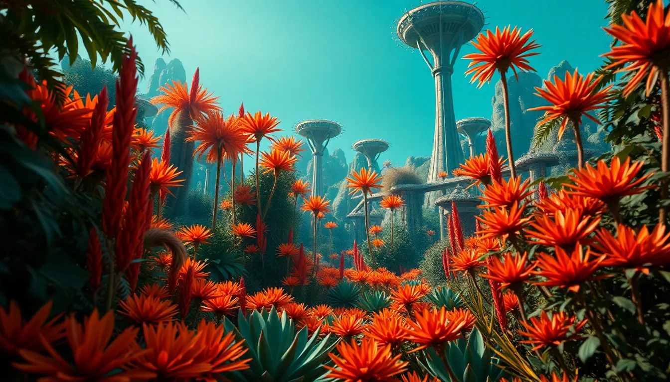 This dynamic photograph portrays an expansive alien garden featuring towering flora that seem to reach for the sky. The Dutch angle composition adds a sense of excitement, while the butterfly lighting highlights the textures of the vibrant plants. Rich shades of teal and orange create a cinematic feel and enhance the otherworldly quality of the scene. With everything in sharp focus, the viewer can appreciate the intricate details of the diverse vegetation spread across the foreground and background.