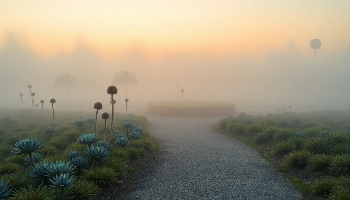 This stunning image captures an alien landscape at dawn, where mist gently rises from unusual plants, creating an ethereal setting. Soft pastel colors blend seamlessly in the early morning light, evoking a sense of tranquility. Hyperfocal distance keeps all elements from foreground to horizon in sharp focus, while leading lines of the garden path draw the viewer into the serene scene. Textured ground enhances the depth, inviting exploration of this otherworldly environment.