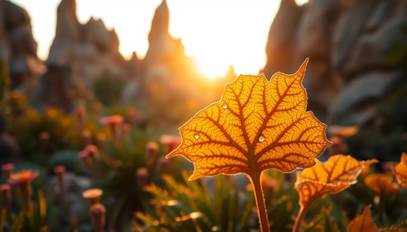 Witness the enchanting beauty of an alien garden during golden hour, where warm rim light brings out the intricate textures of unique plants and rock formations. The shallow depth of field creates a dreamlike atmosphere with vibrant foliage surrounded by creamy bokeh. A large, detailed alien leaf adorned with dew droplets serves as the focal point, while warm oranges and deep greens create a harmonious blend of color, inviting viewers to explore this otherworldly paradise.