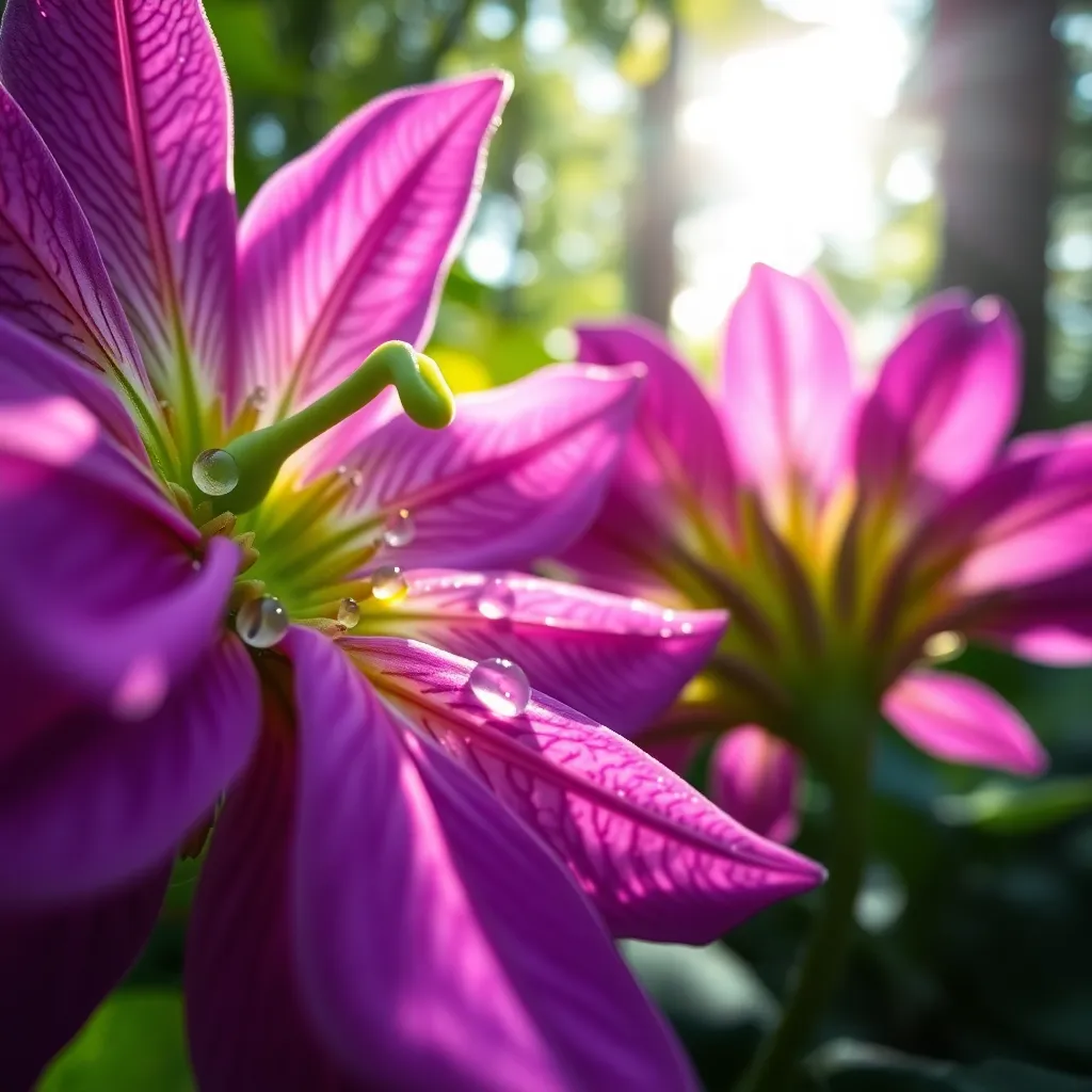 This close-up photograph reveals the mesmerizing textures and colors of unusual alien flowers. Bathed in natural sunlight and adorned with glistening dew drops, the neon purples and greens create an otherworldly aesthetic. Captured with a telephoto lens, the details in the petals come to life against a softly blurred background, giving depth and focus to the fascinating subject. This image evokes a sense of exploration and wonder, inviting viewers to appreciate the beauty of extraterrestrial horticulture.