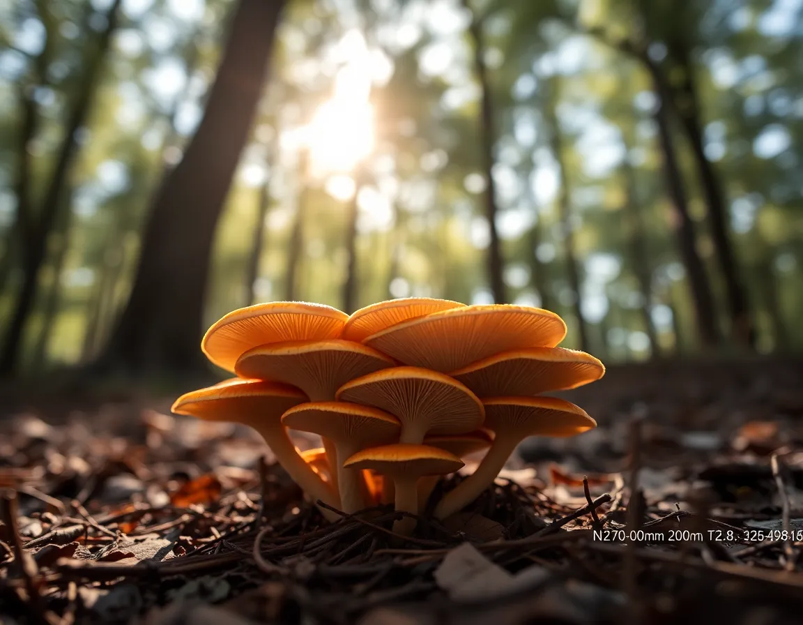 This alluring photograph showcases a vibrant cluster of alien mushrooms set against a softly dappled forest backdrop. The selective focus emphasizes the intricate details of the fungi's gills and surface textures, while dappled sunlight creates magical bokeh highlights. The earthy color palette adds to the mystique of the scene, making it feel otherworldly yet grounded. Leading lines guide the viewer’s eye toward the enchanting mushroom cluster, enhancing the composition.