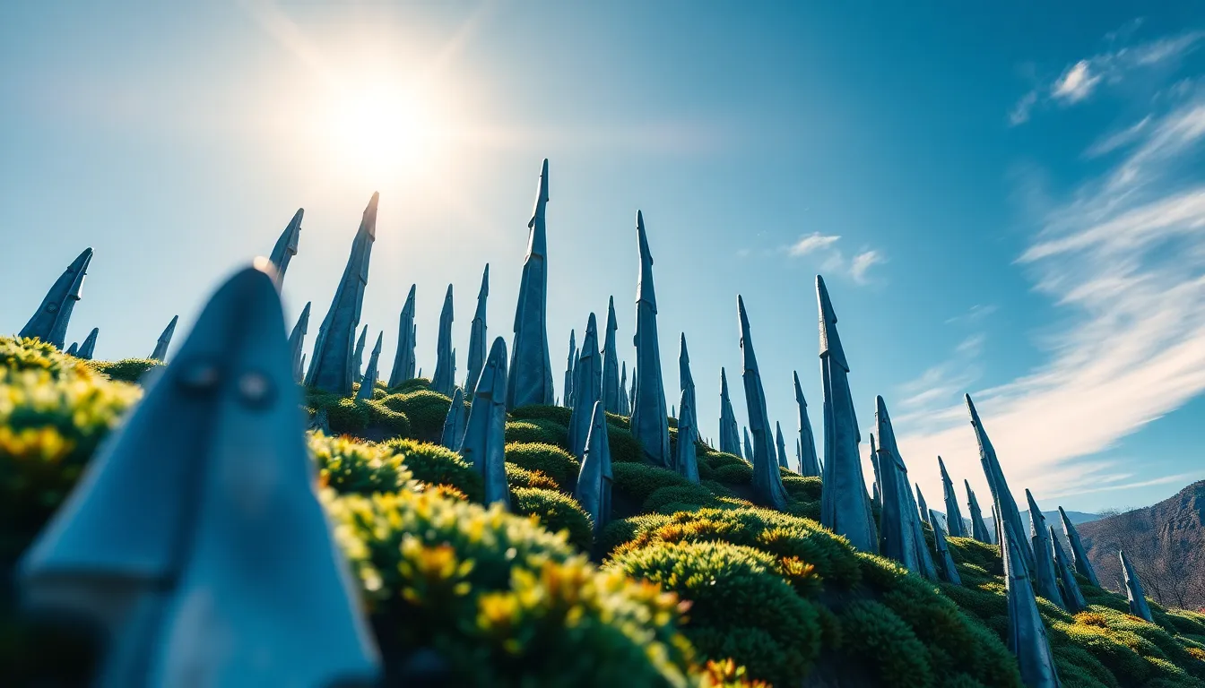 This striking image captures metallic alien spires reaching toward a twisted sky, illuminated by intense midday light. The iridescent moss at their base adds a vibrant touch, contrasting with the cool metallic tones of the spires. With a hyperfocal focus ensuring clarity throughout, viewers are drawn to the dynamic lines formed by the spires, leading the gaze upward. This image is perfect for showcasing futuristic landscapes and imaginative architectures.