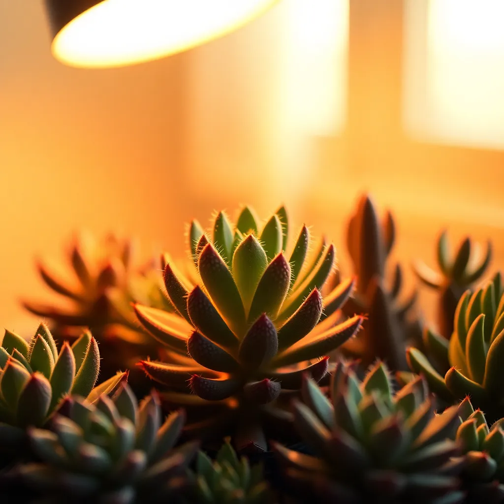This detailed image presents a collection of exotic alien succulents illuminated by warm tungsten lighting. The composition is centered, showcasing their unique shapes and vibrant colors against a soft, blurred background. The use of selective focus highlights the intricate textures of the plant surfaces, creating depth and interest. The warm color palette adds a cozy atmosphere, inviting viewers to explore this alien garden's rich variety.