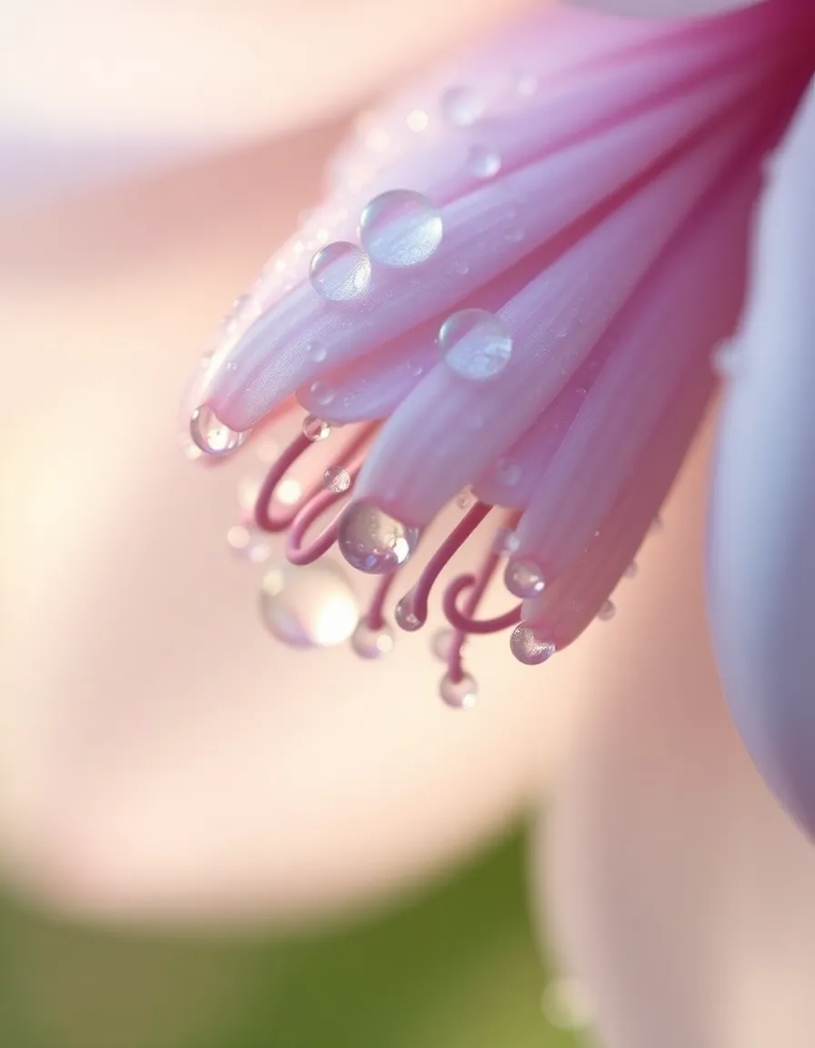 Close-Up of Dew-Covered Alien Flower at Dawn This mesmerizing close-up image captures an alien flower adorned with dew droplets, illuminated by the soft light of a misty dawn. The gentle pastel color palette, combined with hints of iridescence, creates a tranquil and ethereal atmosphere. The shallow depth of field isolates the flower, allowing viewers to appreciate its intricate textures and the shimmering droplets that add a touch of magic. Off-center composition draws the eye to the flower’s unique beauty, inviting a deep appreciation for the delicate wonders of this alien garden.