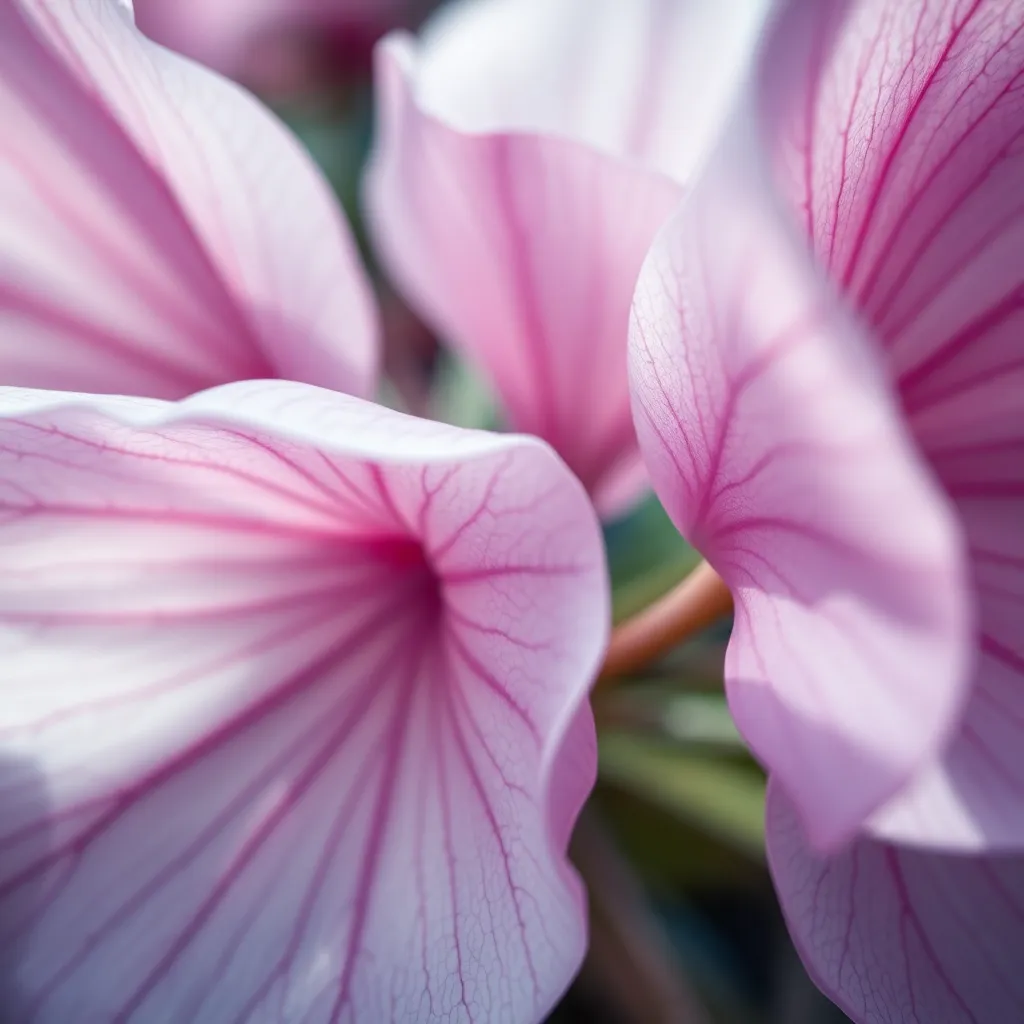 Discover the enchanting beauty of alien flowers in this stunning close-up shot. The delicate petals, translucent and intricately veined, showcase a captivating palette of pastel pinks and deep violets. Soft daylight highlights the flowers, enhancing their silky textures and inviting viewers to appreciate their unique charm. The centered composition balances the image, allowing every detail to shine in this captivating alien garden.