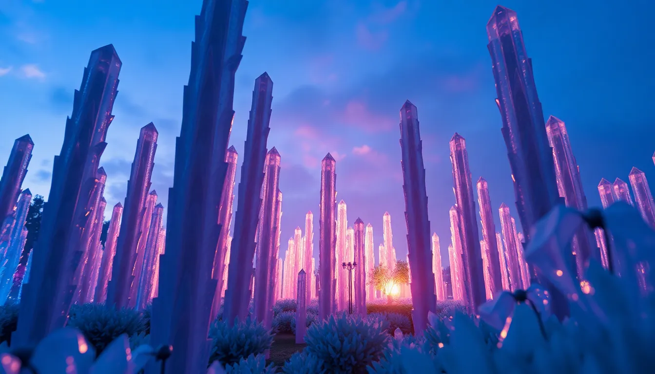 This breathtaking image captures an alien garden where towering crystal-like plants dominate the landscape, set against the backdrop of the blue hour sky. The cool blues and purples create a mystical atmosphere that invites exploration of the surreal environment. With sharp focus across the scene, every detail of the polished crystal textures is revealed, enhancing the otherworldly quality of the garden. The centered composition emphasizes the majesty of the plants, drawing the viewer's eye skyward in this dreamlike setting.