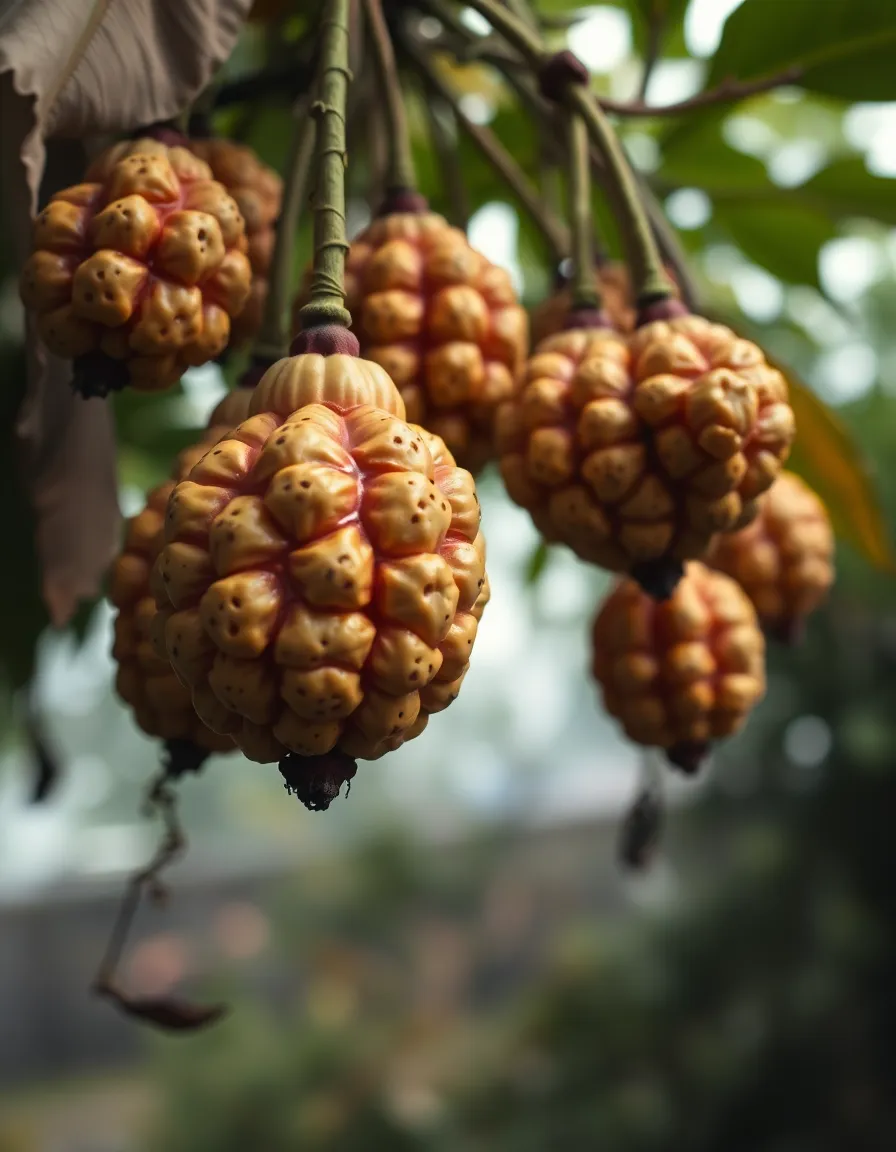 This serene image features a cluster of unique alien fruits hanging from radiant vines, beautifully captured under diffused daylight. The intricate patterns on the fruits resemble exotic ceramics, creating an inviting visual contrast. The natural muted tones and thoughtful composition enhance the peaceful atmosphere, offering a glimpse into the wonders of an alien ecosystem.