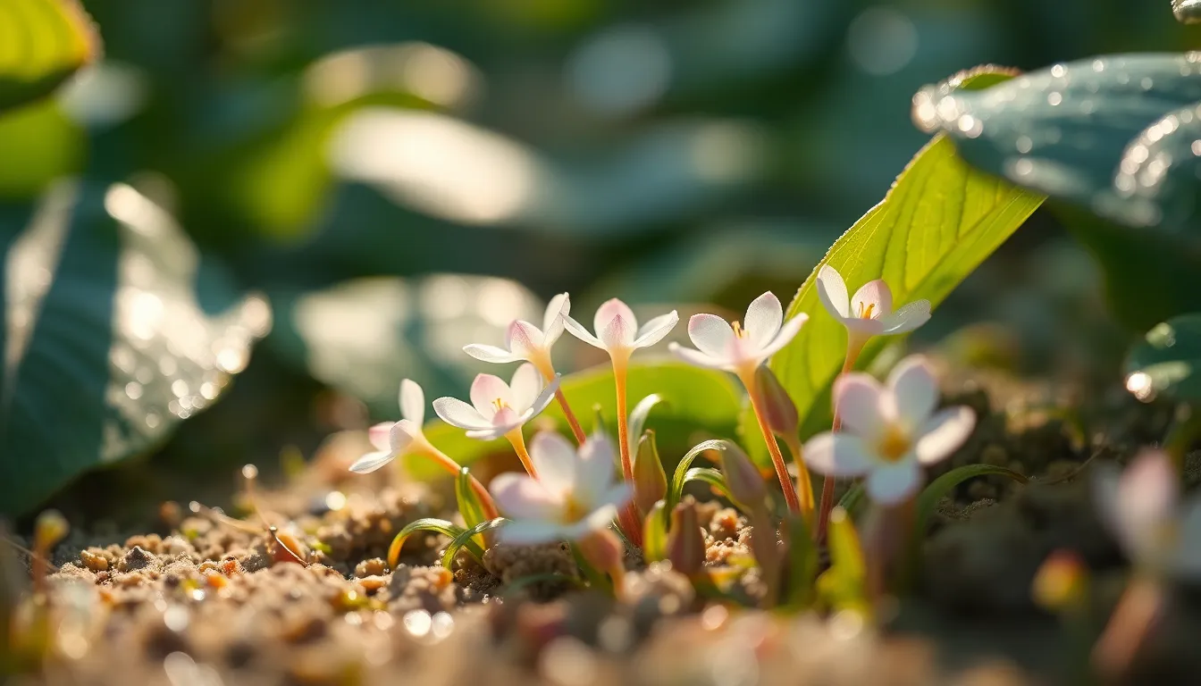 This stunning macro image captures delicate alien flowers nestled among glistening oversized leaves in an ethereal garden. Soft morning light creates beautiful dappled patterns on the dew-covered ground, enhancing the magical ambiance. The shallow focus reveals the intricate textures of the flowers’ translucent petals, set against a natural muted color palette of soft pastels. The centered composition draws viewers into the delicate beauty of this surreal scene.