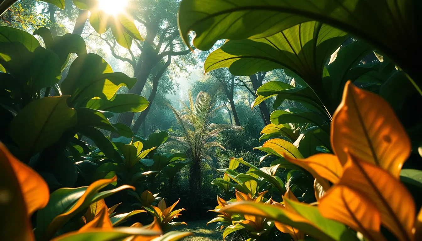 A captivating scene in an otherworldly garden filled with towering bioluminescent plants under dappled sunlight. The iridescent foliage exhibits vibrant teal and orange hues, creating a magical atmosphere. The shallow depth of field draws attention to the intricate texture of the plant surfaces, as moisture droplets glisten like jewels. This composition invites the viewer into a serene, yet surreal, alien landscape.