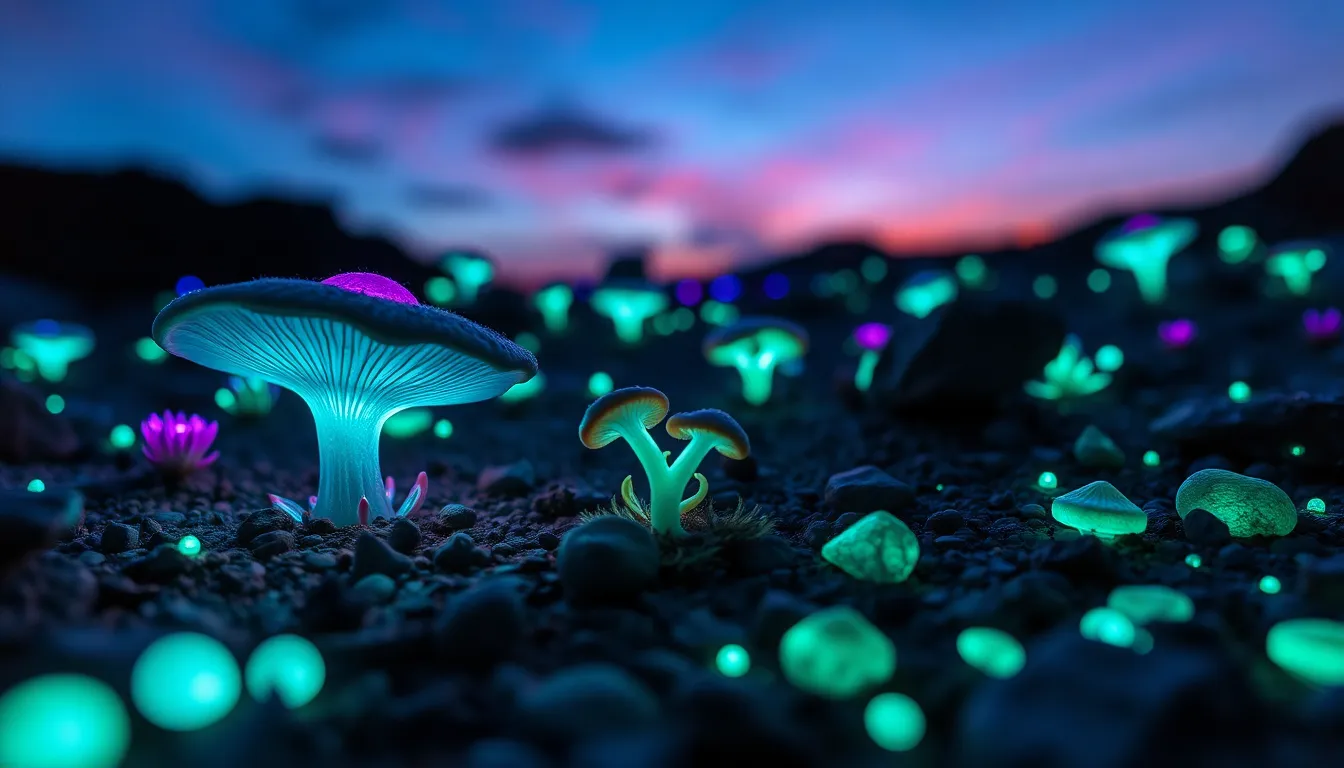 This enchanting image captures an alien garden filled with bioluminescent plants glowing under a starry night sky. The surreal scene is accentuated by intricate shadows on the mossy ground, creating a mystical atmosphere. The vibrant cool colors of blues and greens highlight the oversized flower, which serves as the focal point of the composition. With a dreamy bokeh background, the image evokes a sense of wonder and otherworldliness.