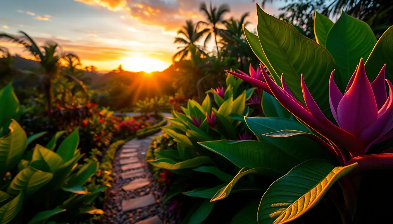 A vivid sunset bathes an alien garden in warm hues, revealing exotic flora. The winding pathways covered in vibrant greens and deep purples guide the viewer's gaze, inviting them to explore further. This breathtaking composition captures the sharp details of the many textures within the scene, while the rich colors create an almost enchanted ambiance.
