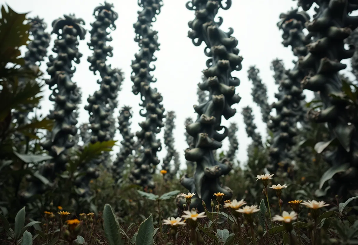 Towering Spiral Plants in Alien Garden This captivating image features towering, spiral-shaped alien plants adorned with iridescent leaves, captured in a tranquil overcast light. The serene atmosphere is emphasized by a muted color palette, showcasing earthy tones that enhance the otherworldly feel. The composition is centered and symmetrical, drawing the viewer’s eye to the majestic plants while delicate alien flowers provide detailing in the foreground. Textures of the plant leaves and flowers are finely rendered, creating a photorealistic representation of this unique extraterrestrial ecosystem.