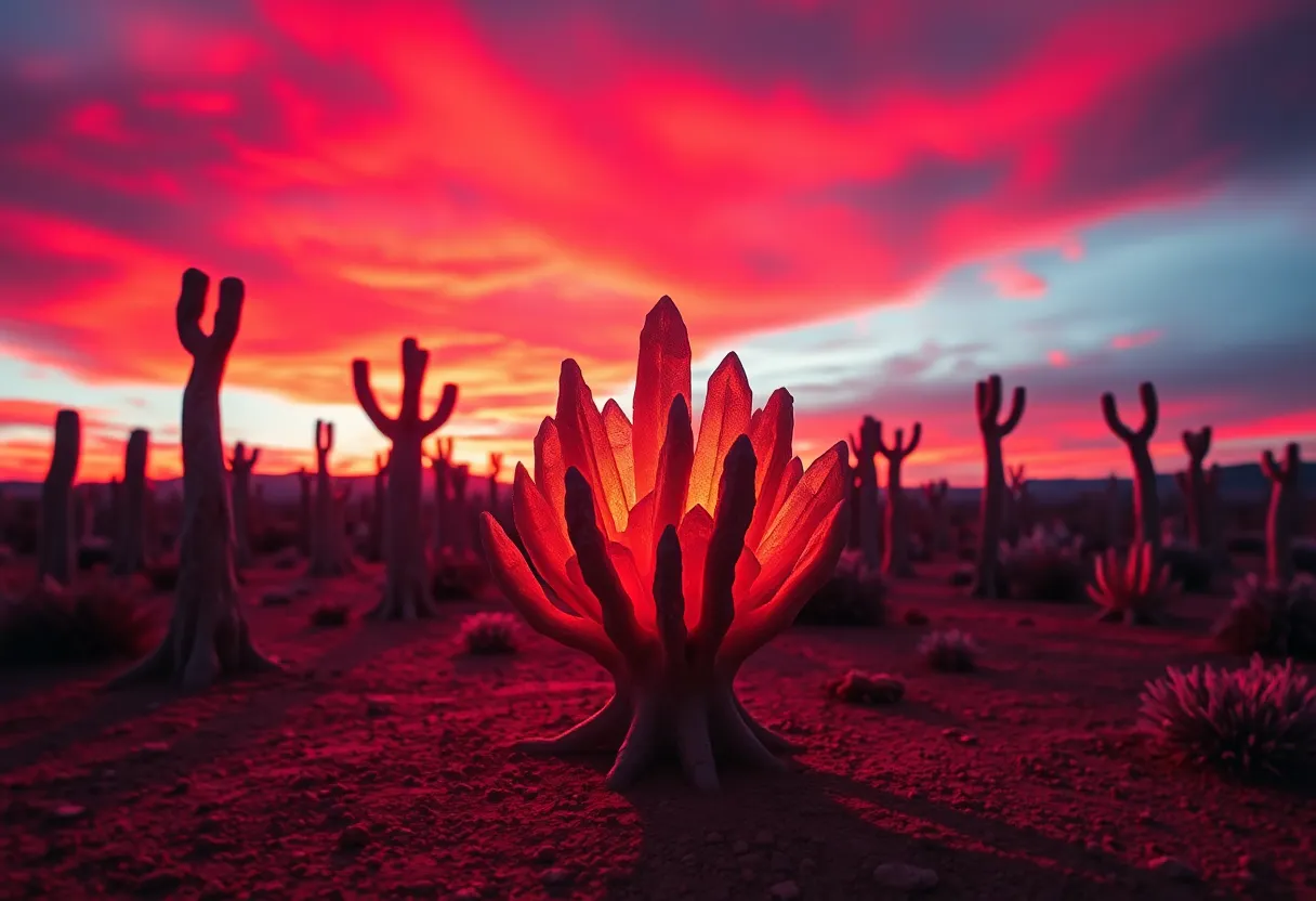 Explore a stunning alien oasis, highlighted by iridescent rock formations and lush, vibrant greenery. Captured under diffused daylight, the serene lagoon reflects the surrounding vivid foliage, creating a harmonious scene. The alien plants, adorned in rich reds and greens, frame the foreground, guiding the viewer's eye through this surreal landscape. This image invites curiosity and wonder, perfect for those intrigued by extraterrestrial environments and otherworldly beauty.