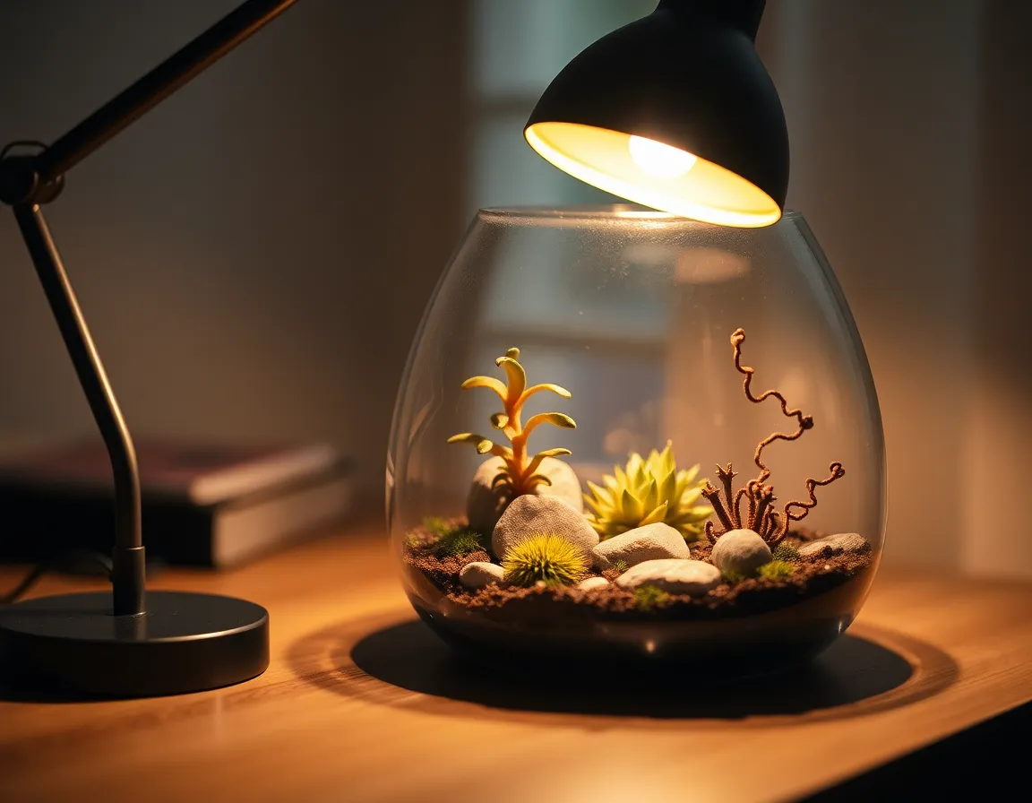 A cozy scene of an alien garden contained within a glass terrarium, illuminated by the warm glow of a tungsten lamp. The directional light highlights the unique textures of smooth stones and vibrant moss, creating an inviting atmosphere. Shot with a shallow depth of field, this composition draws attention to the intricate details of the unusual plant forms. The arrangement of elements follows the rule of thirds, making the terrarium a focal point of interest.