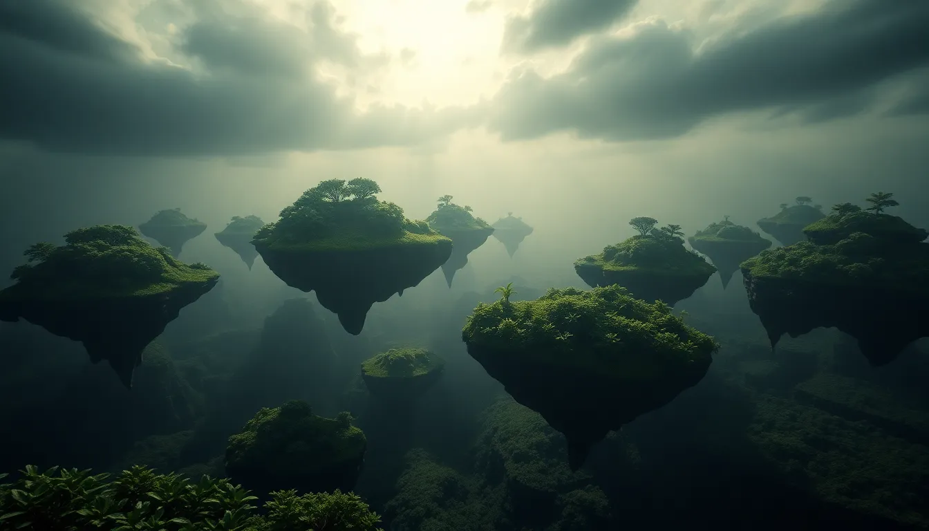This captivating photograph presents a surreal alien landscape with mysterious floating islands draped in lush vegetation. Dramatic lighting creates striking contrasts, with shadows adding depth to the scene. The hyperfocal depth of field showcases the vastness of the landscape, bringing sharp focus from the foreground to the distant islands. Deep greens and dark grays dominate the color palette, enhancing the mysterious atmosphere. Leading lines in the composition draw the viewer's gaze upward, inviting exploration of this enigmatic setting.