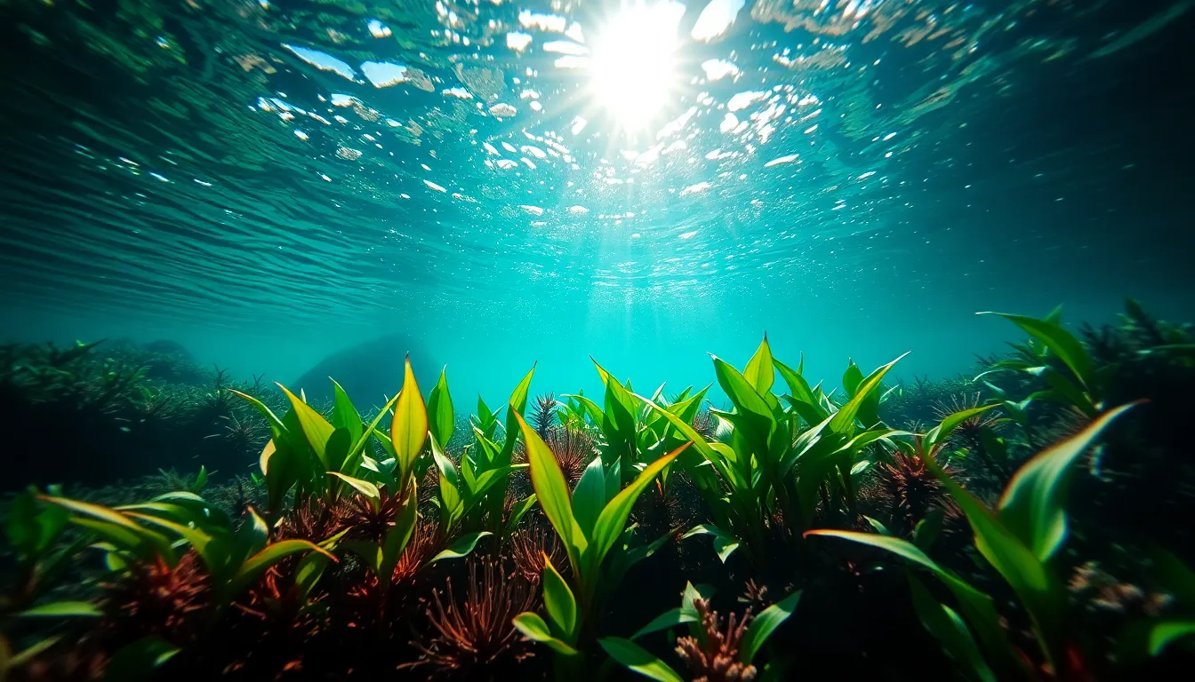 This captivating image features an alien aquatic garden, teeming with exotic plants under crystalline waters. Dappled sunlight creates a dynamic play of light and shadow, while a shallow depth of field highlights the vibrant plant colors against a soft, blurred backdrop. The natural muted tones, complemented by neon greens and blues, enhance the surreal ambience, while leading lines through the underwater flora guide the viewer’s journey into this enchanting world.