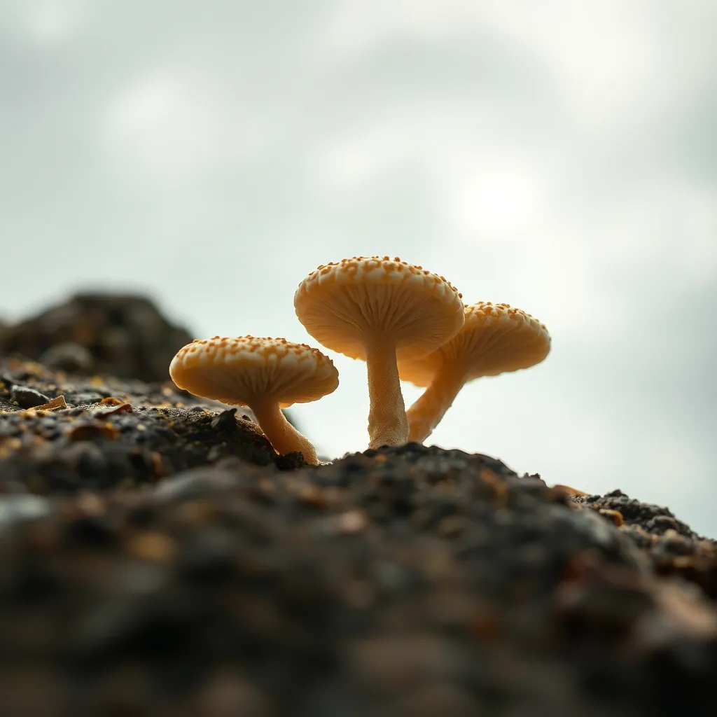 This detailed macro shot reveals an alien fungi thriving on a rock's surface, showcasing intricate patterns and textures. Soft, diffused light filtering through clouds enhances the natural muted tones of earthy browns and greens, creating a harmonious atmosphere. With a shallow depth of field isolating the subject, the image draws the viewer’s attention to the unique beauty of this extraterrestrial organism, structured in a centered symmetrical composition.