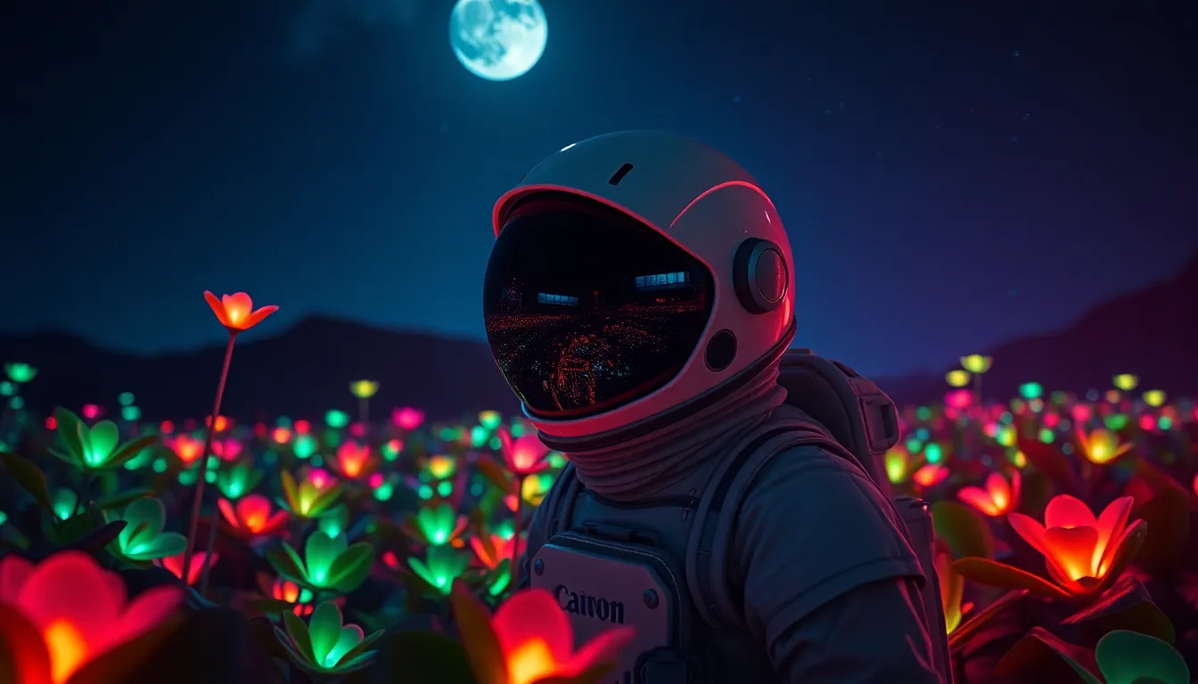 Astronaut in Neon Alien Landscape