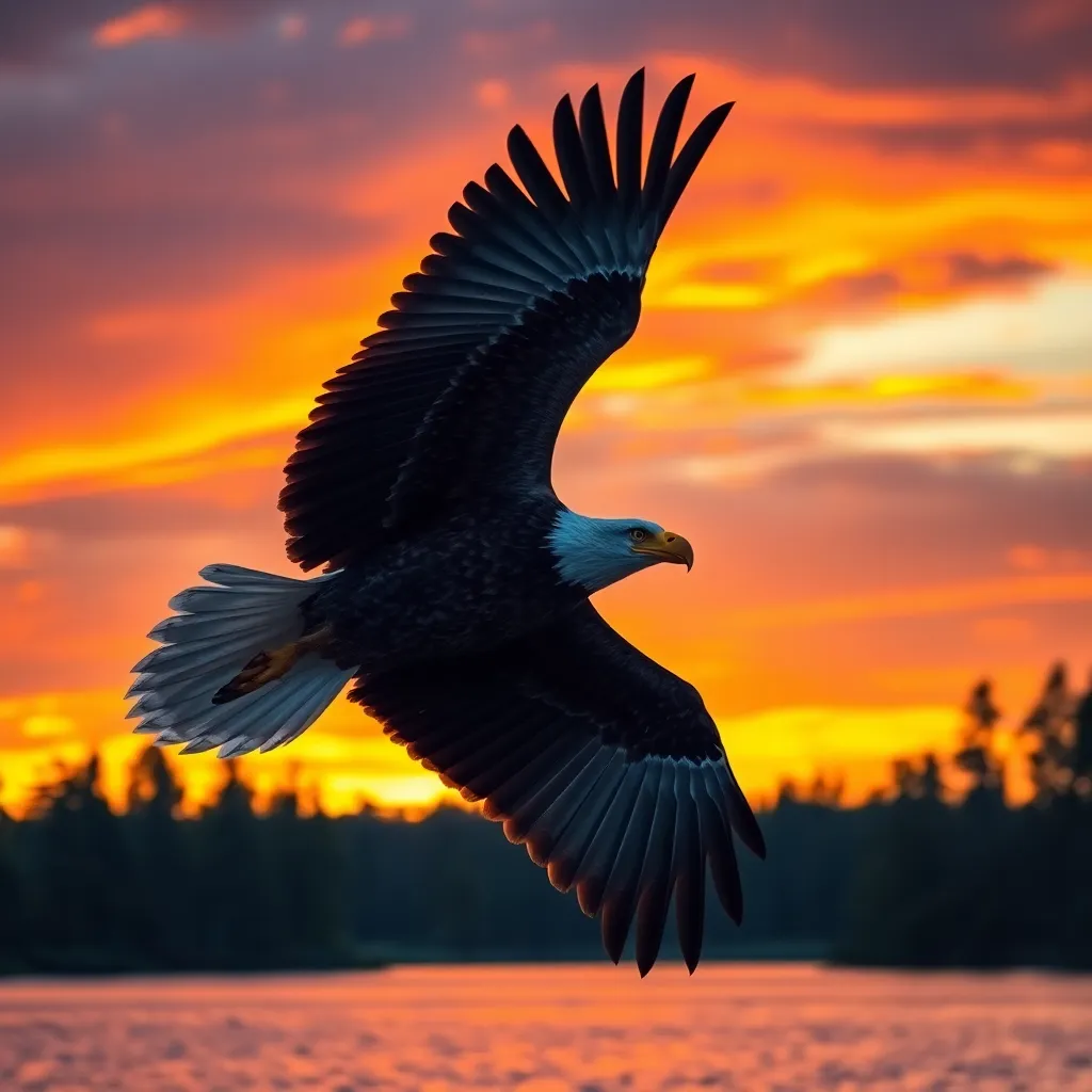Bald Eagle Soaring at Sunset