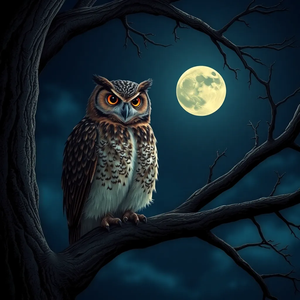 Wise Owl Perched Under Full Moon