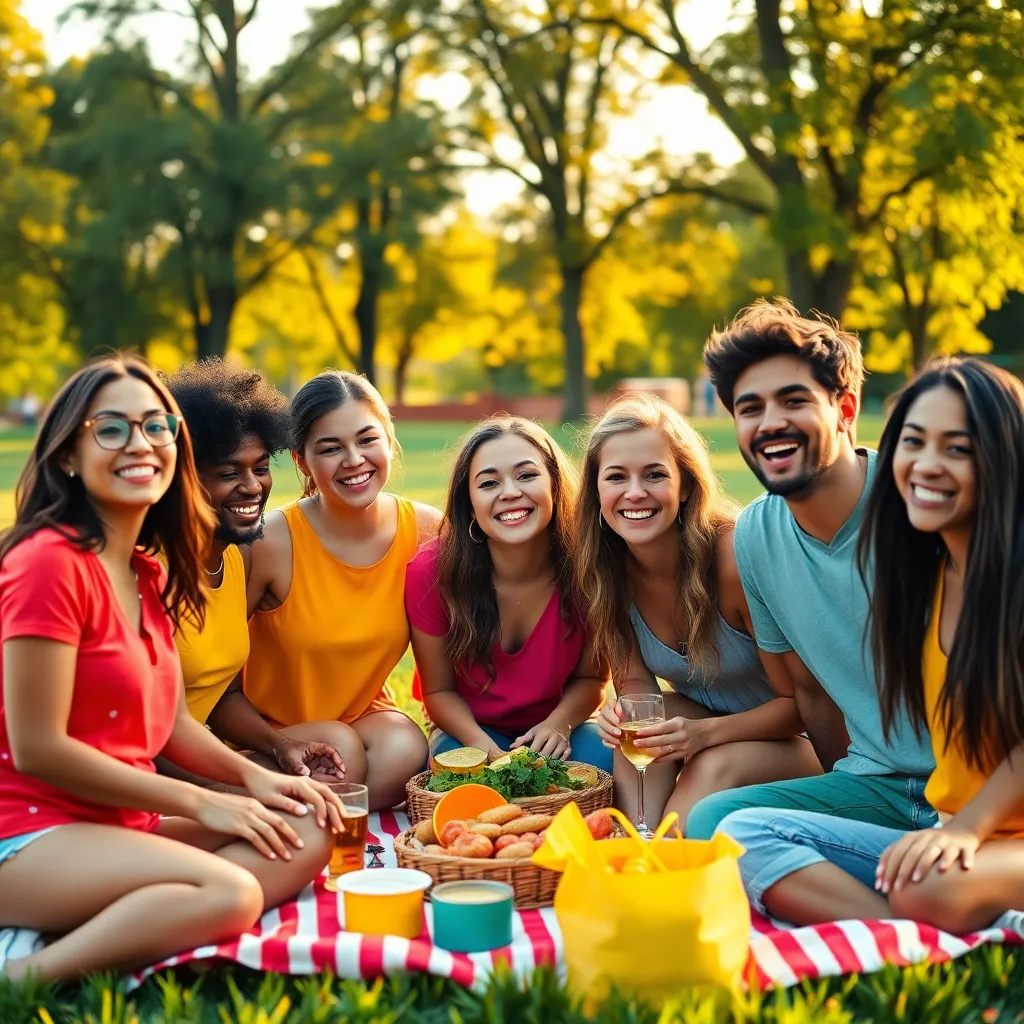 Diverse Friends in Casual Outfits at Picnic