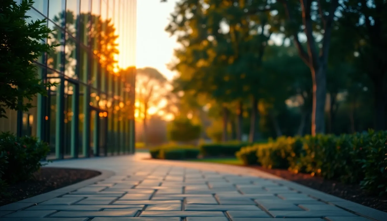 Modern Glass Architecture at Golden Hour This stunning image showcases a modern glass building illuminated by the warm glow of golden hour. The smooth glass reflects the vibrant colors of the sunset while soft foliage surrounding the structure adds a natural feel. The composition creatively uses the rule of thirds to highlight the architectural design, making it feel dynamic and inviting. The warm tones and creamy highlights give the scene a serene and elegant mood.