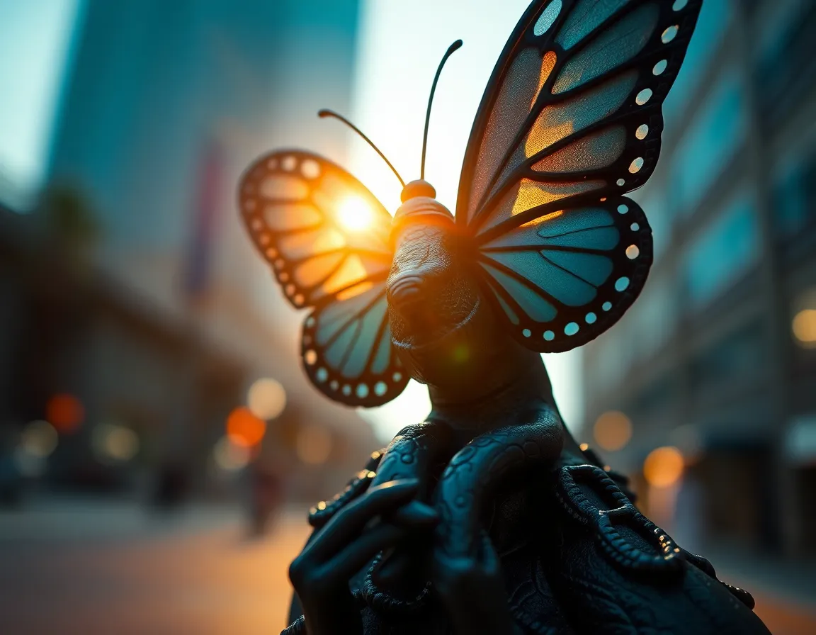 Dynamic Urban Sculpture in Teal and Orange This striking image features a contemporary urban sculpture, dramatically lit from above to emphasize its intricate details. The shallow depth of field draws attention to the texture of the sculpture while the background fades smoothly into bokeh. The cinematic teal and orange color grading adds a layer of visual intrigue, and the dynamic Dutch angle creates a sense of movement and energy within the artwork.