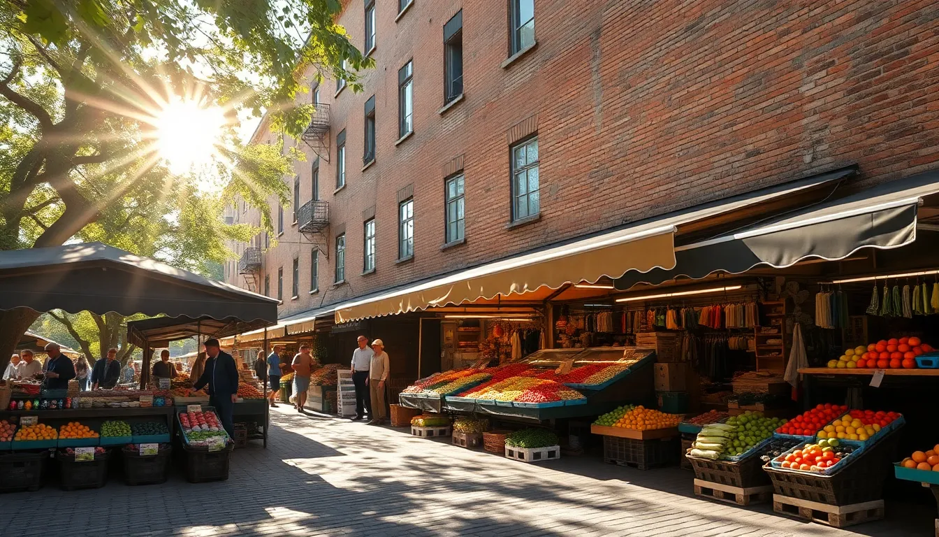 Vibrant Street Market Against Historic Building