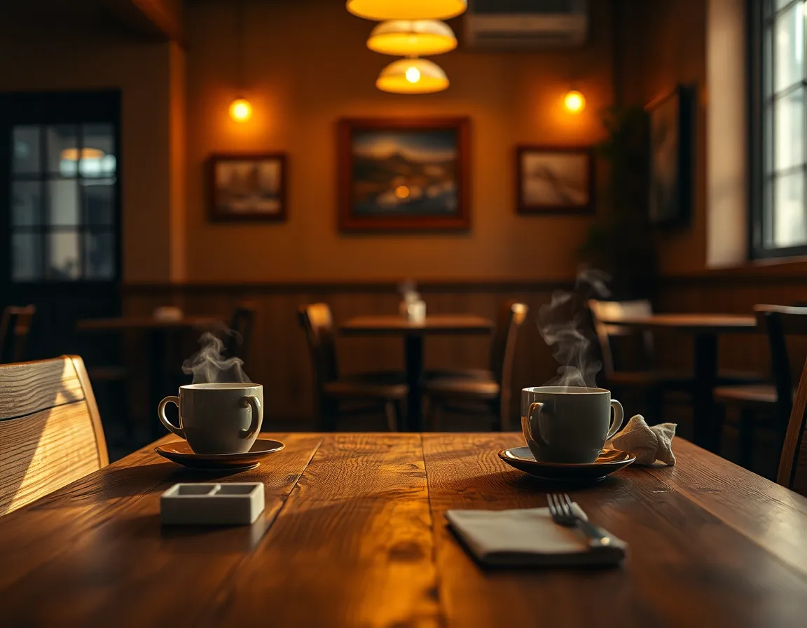 Cozy Café Interior with Rustic Charm This inviting image captures a cozy café interior, beautifully lit by warm tungsten lamps that create an intimate atmosphere. The rustic wooden furniture and rich warm tones evoke comfort and relaxation, perfect for a casual gathering. The shallow depth of field emphasizes the intricate wood grain of the table while blurring the background, allowing the viewer to focus on the charming details. A symmetrical composition highlights the café's layout, making it feel welcoming and homey.