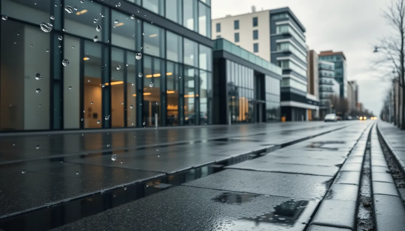 Modern Buildings on a Rainy Afternoon This image illustrates a series of modern buildings captured on a rainy afternoon, with droplets beading on glass surfaces creating a serene and calm atmosphere. The natural muted tones reflect the overcast sky, enhancing the mood of the scene. Using leading lines, the composition guides the viewer's attention along the wet street, where puddles reflect the architecture. Hyperfocal depth of field captures intricate details from the foreground to the horizon.