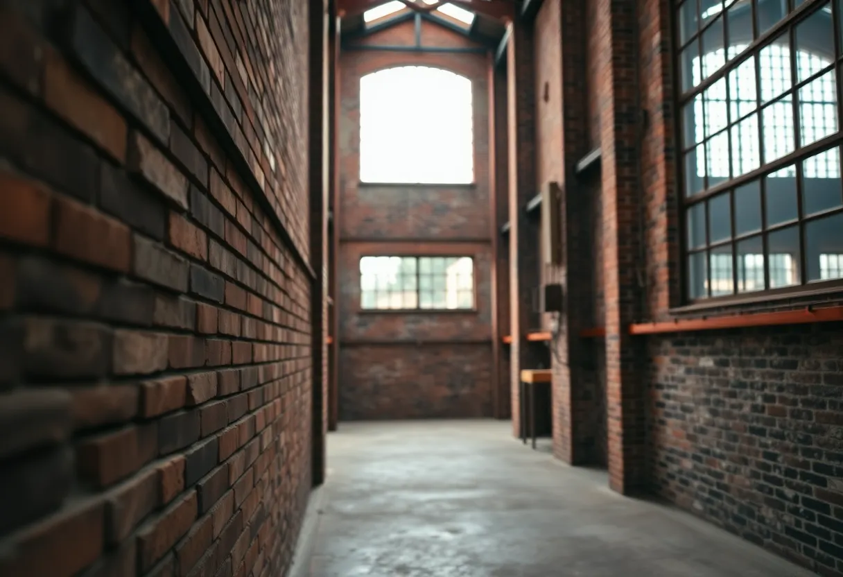 Vintage Brick Warehouse with Intricate Textures This striking image captures the intricate details of a vintage brick warehouse, showcasing weathered bricks and rusting metal accents. Soft diffused daylight pours through large windows, illuminating the rich textures that evoke nostalgia. The muted earth tones create a warm atmosphere, while the shallow depth of field accentuates the foreground details. Framed to highlight leading lines, this composition guides the viewer's eye along the length of the structure, emphasizing its architectural beauty.