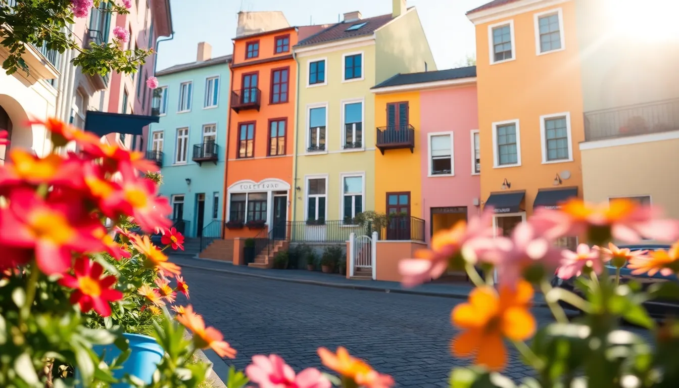Vibrant Historic Townhouses in a Street Scene This lively image captures a vibrant street scene in a historic district, adorned with colorful townhouses and charming cobblestone streets. Bathed in morning sunlight, the bright facades stand out, casting dynamic shadows across the ground. The lively pastel color palette enhances the cheerful atmosphere of the neighborhood. Using a rule of thirds composition, the image draws the viewer's eye towards an eye-catching townhouse while the leading lines of the cobblestones invite exploration.