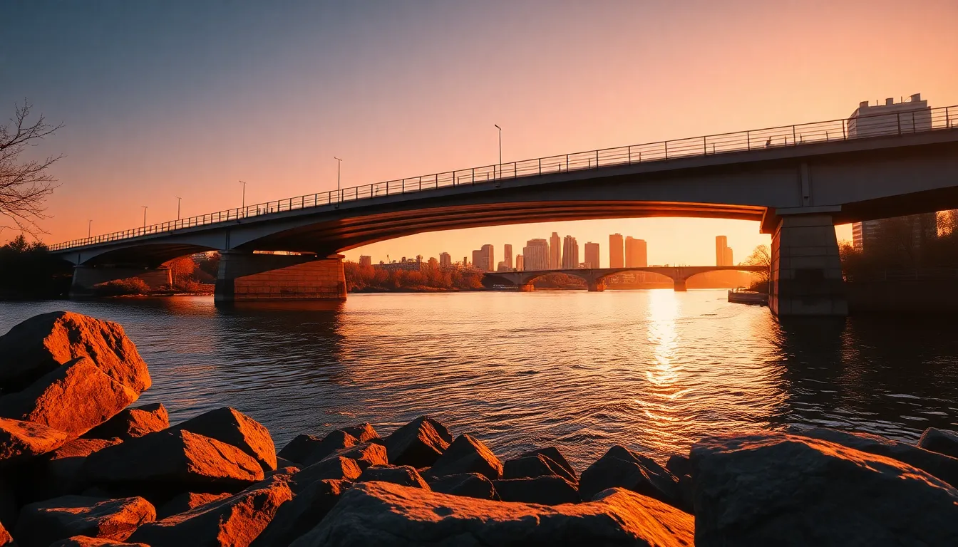 Contemporary Bridge Over a Serene River This breathtaking image showcases a contemporary bridge elegantly spanning a serene river, captured during the golden hour. The warm glow of the sunlight enhances the bridge's structure while casting long shadows on the water's surface. The vibrant color palette of oranges and blues adds drama, creating a powerful contrast between nature and architecture. Utilizing leading lines, the composition draws the viewer's eye across the image, enhancing the sense of depth and movement.