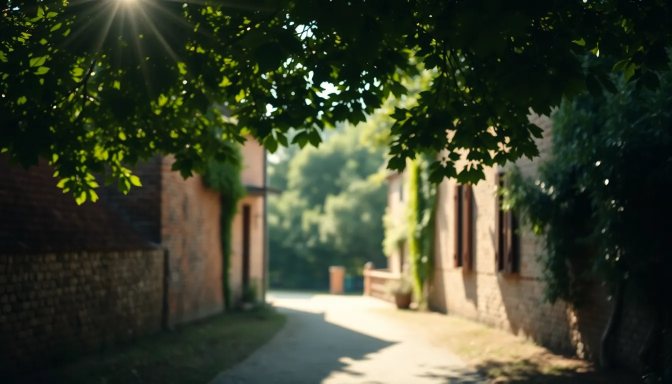 Charming Rustic Brick Building This image presents a picturesque brick building nestled among greenery, illuminated by dappled sunlight. The soft, blurred background enhances the sensation of tranquility and warmth surrounding the rustic structure. Climbing vines and wooden shutters add a touch of charm, while the natural muted color palette evokes a sense of nostalgia. The leading lines of the path draw the viewer inward, inviting them to explore the serene environment.