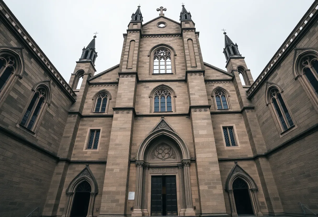 Historic Cathedral Under Soft Light This captivating image captures a grand old cathedral, drenched in overcast light that enhances its stone textures. The detailed architecture is perfectly symmetrical, inviting viewers to admire its beauty. The muted earth tones evoke a sense of history and reverence. The sharp focus reveals intricate carvings and timeworn surfaces, showcasing the craftsmanship of a bygone era.