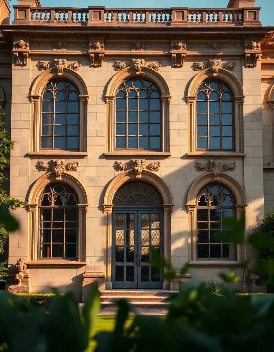 Elegant Historical Building with Stone Carvings This captivating image features an elegant historical building adorned with intricate stone carvings and large arched windows. Soft afternoon light bathes the structure, creating gentle shadows that enhance its texture. The warm earthy tones evoke nostalgia, while the surrounding garden adds a touch of nature. Centered in the frame, the building's symmetrical composition highlights its architectural beauty, making it a striking representation of classic design.