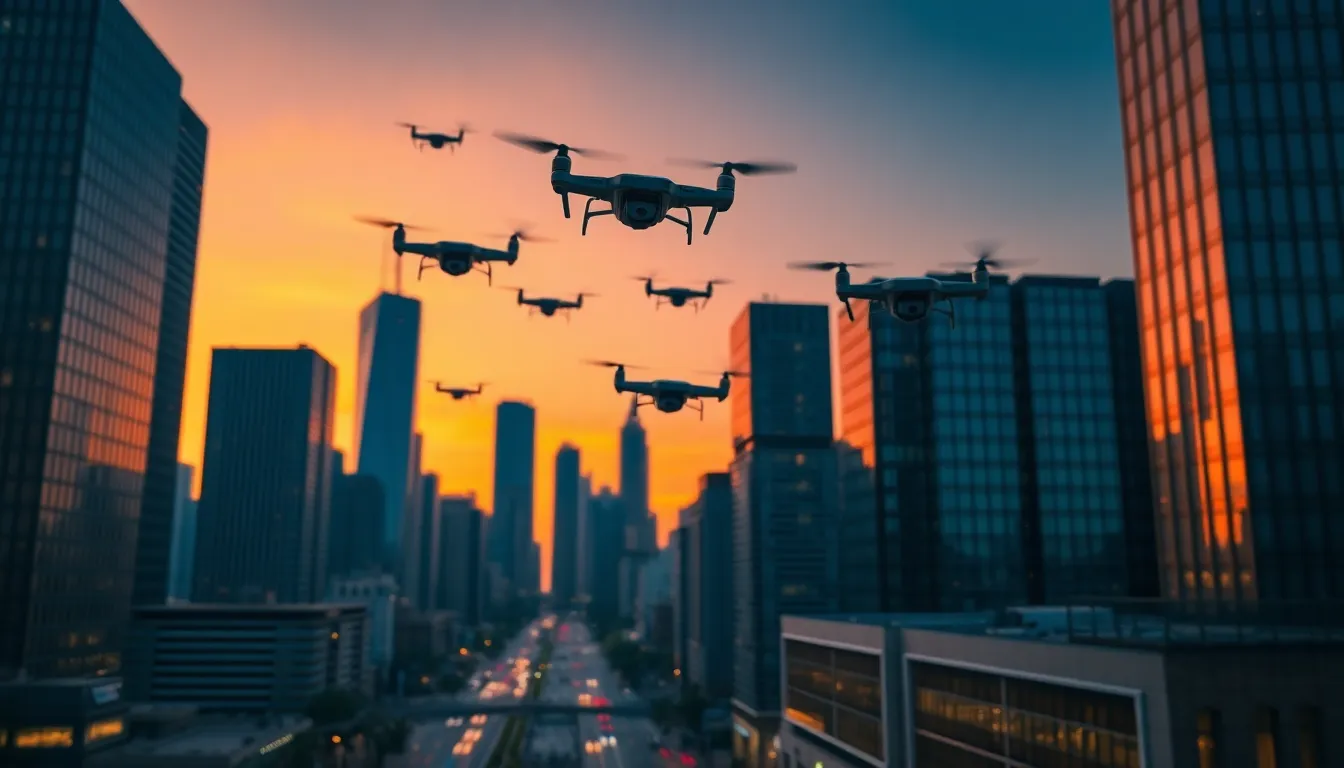 This image captures a striking futuristic city skyline where autonomous drones navigate between towering skyscrapers. Set against a stunning twilight sky, the gradient colors complement the dynamic scene, showcasing the synergy of technology and urban life. The clear focus from foreground to background emphasizes the intricate details of both the architecture and flying drones, creating a vibrant representation of a technologically advanced city.