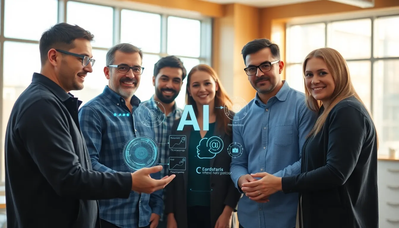 This image portrays a diverse group of engineers engaged in a creative discussion around a holographic interface showcasing artificial intelligence algorithms. Bathed in diffused daylight, the bright environment fosters a sense of innovation and teamwork. The engineers’ focused expressions are complemented by a modern workspace adorned with sleek technology. The harmonious blend of warm and cool colors enhances the image's inviting mood.