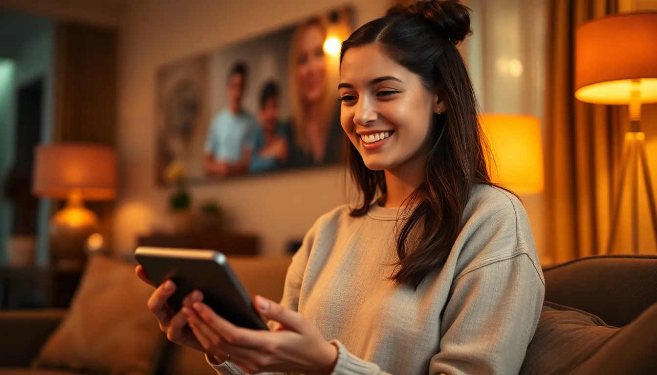 This image features a young woman engaged joyfully with a smart assistant device in her modern living room, illuminated by warm tungsten light. The cozy ambiance is enhanced by soft textures, from the plush furnishings to the smooth technology. The shallow focus draws attention to her expression as she interacts with the AI, encapsulating a moment of connection between human and technology.