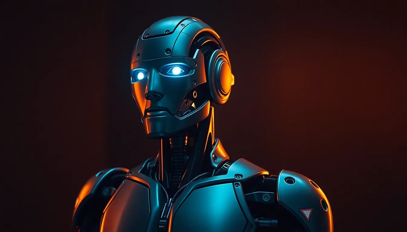Humanoid Robot in Dramatic Lighting This striking image features a humanoid robot captured in low-key lighting, highlighting its intricately detailed metallic surface. The robot's blue LED lights create an electric contrast against the dark background, enhancing the overall mood of intrigue. With a shallow depth of field, the focus is on the robot's face, while the blurred background adds depth to the scene. Photographed at a low angle, this composition brings an imposing presence to the subject.