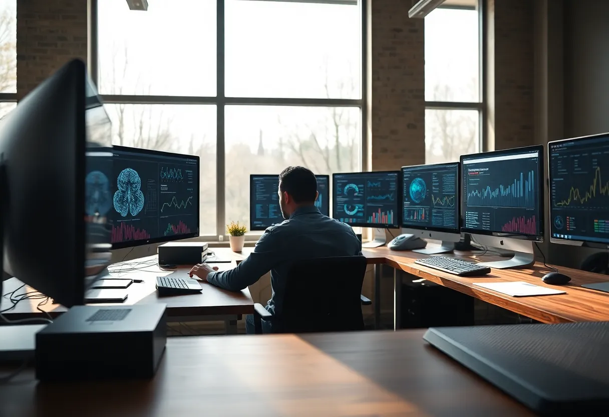 In a bright, airy office, a programmer is deeply immersed in their work, analyzing complex AI data visualizations on multiple screens. The natural daylight streaming through large windows enhances the clarity of the scene, while the muted color palette adds an element of sophistication. The composition adheres to the rule of thirds, with the programmer positioned thoughtfully at the intersection. The combination of wood and metal textures in the workspace provides a warm yet modern contrast to the high-tech atmosphere.