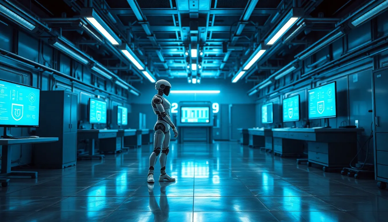 Futuristic AI Laboratory with Humanoid Robot This image presents a hyper-detailed view of a futuristic AI laboratory where a humanoid robot interacts with a digital interface. The cool blue LED lights illuminate the sleek metallic surfaces and polished concrete floor, creating a high-tech ambiance. The shallow depth of field emphasizes the robot while softly blurring the intricate backdrop of screens and machinery, enhancing the sense of innovation. The overall mood is one of advanced technology and groundbreaking possibilities.