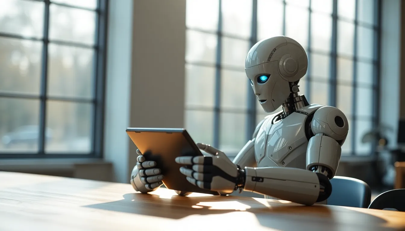 Humanoid Robot Analyzing Data in Modern Office This image portrays a humanoid robot intently examining data on a tablet within a modern office setting. Soft daylight pours in through expansive windows, highlighting the polished metal of the robot against the warm tones of the wooden table. The cool color palette emphasizes the advanced technology, while the shallow depth of field draws attention to the robotic figure. The composition utilizes the rule of thirds to create an engaging visual flow.